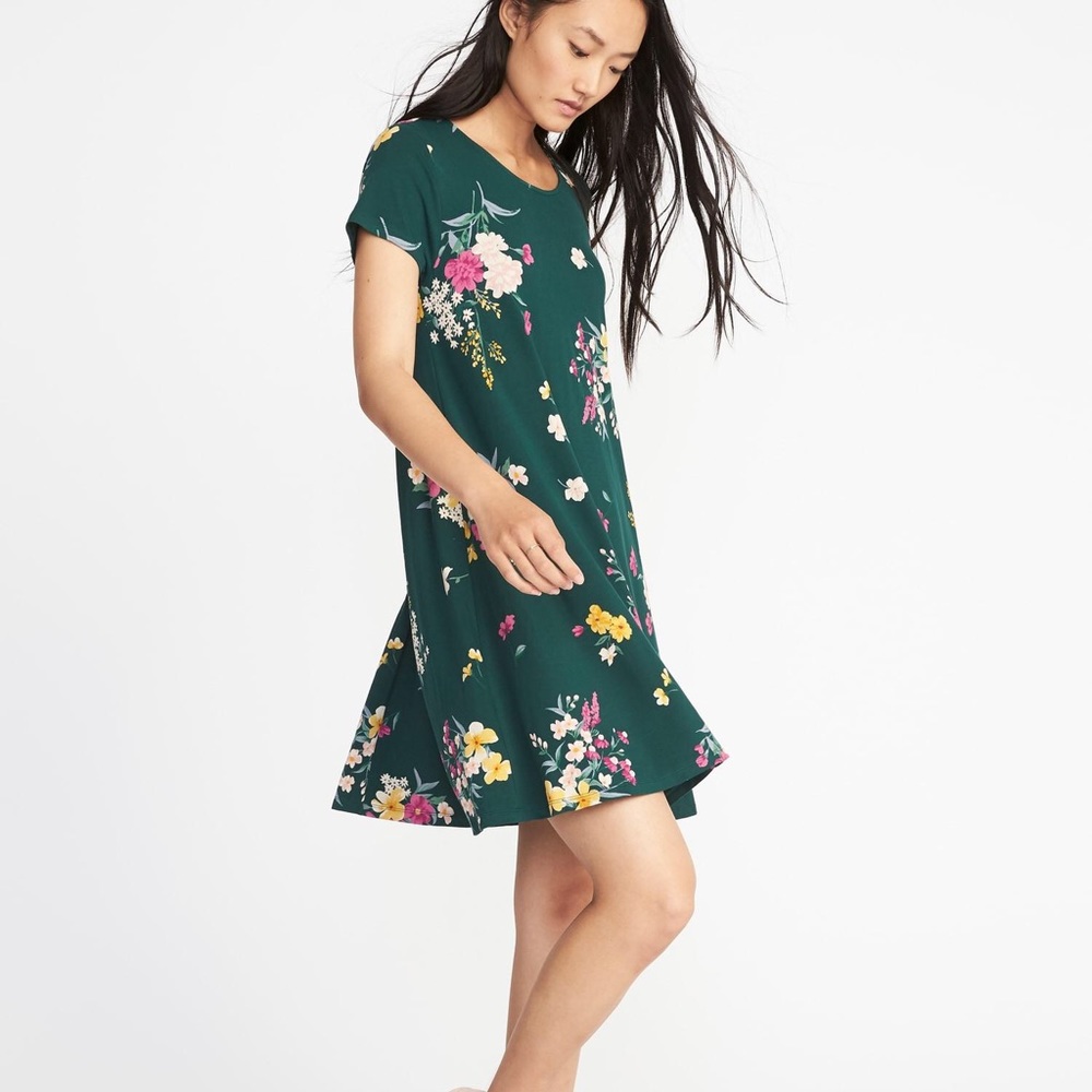 Green Floral Spring T-Shirt Swing Dress